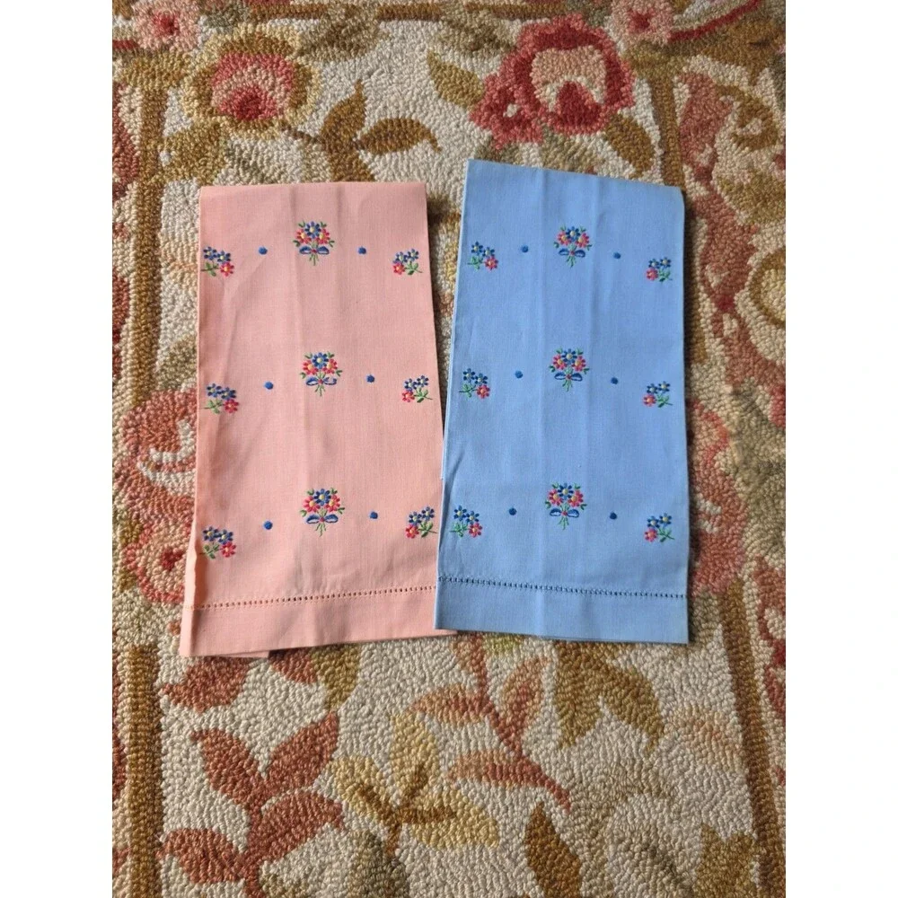 Vintage Pink & Blue Napkin Tea Towels- Sitch Flowers